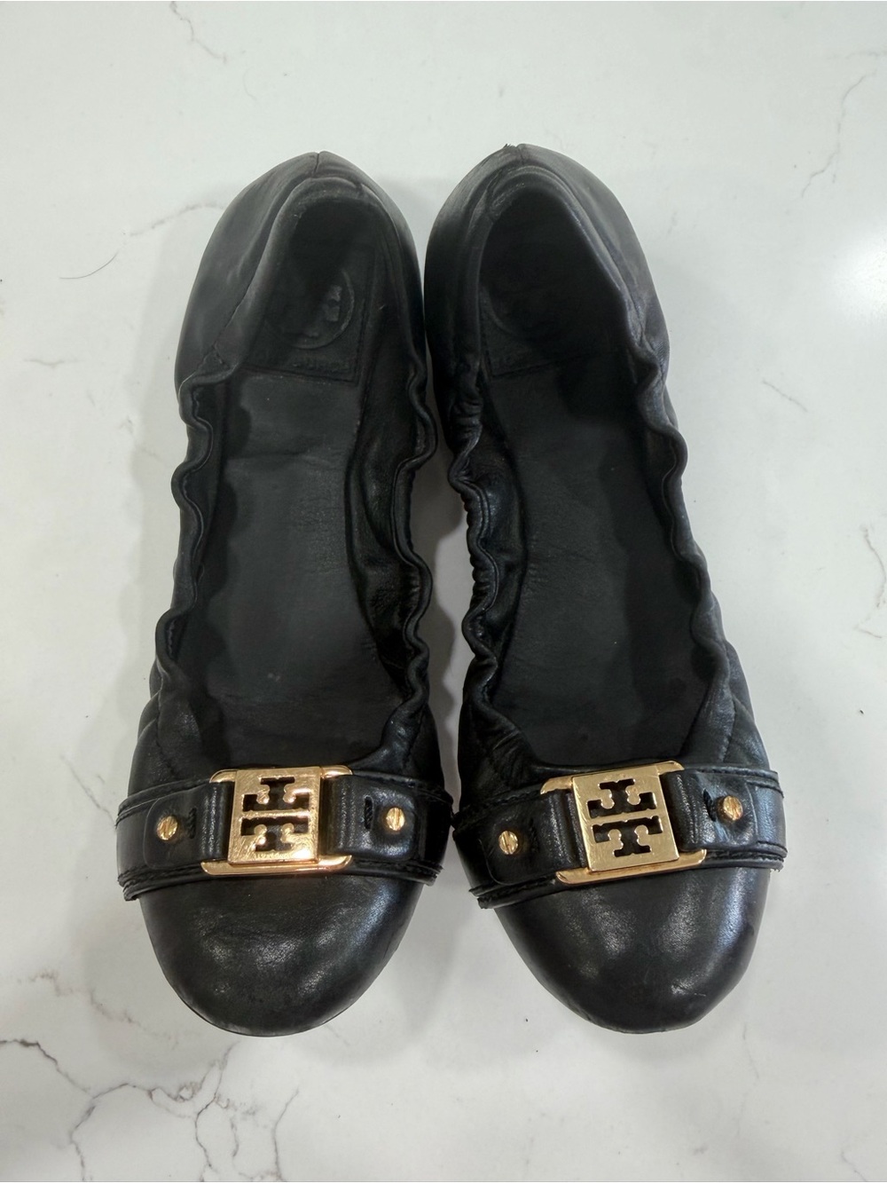 Tory Burch Black Leather Ballet Flats with Gold Logo Accent